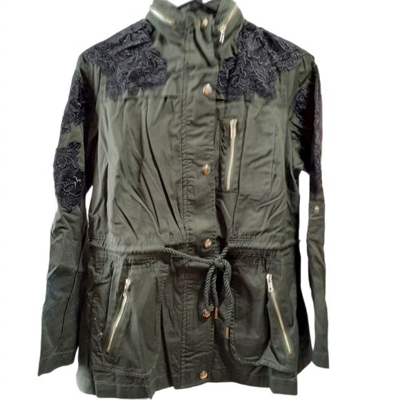 Woman Within Jackets & Blazers - Denim 24/7 Olive Green Canvas Spring Jacket W/Black Lace 12W OR 16W NWOT